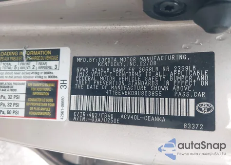 2009 Toyota Camry Le z USA, uszkodzony, nr VIN 4T1BE46K09U803855